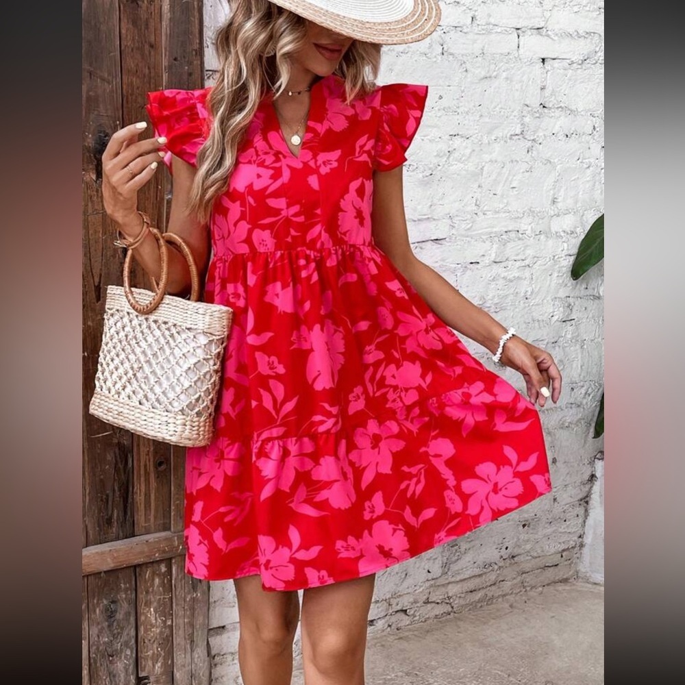Pink Floral Ruffle Sleeve V-Neck Midi Dress Size Small